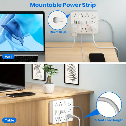 Power Strip with USB Ports, 12-in-1 with 45-Degree Angled Plug, 9 AC Outlets, 3 USB-A Ports and 10-Foot Extension Cord