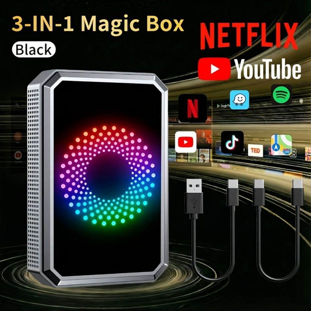 Wireless CarPlay Adapter AI Box 3-in-1 – Netflix YouTube TikTok Streaming, Dual WiFi 2.4G+5G, USB Drive Support