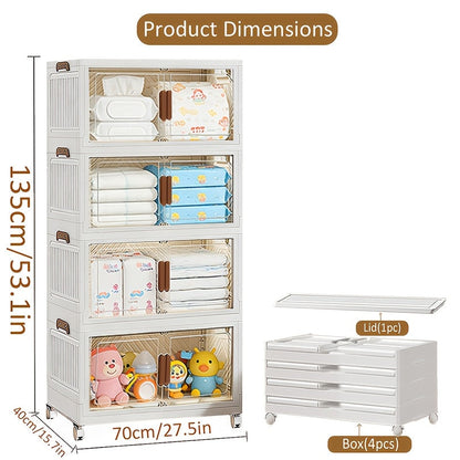 Stackable Foldable Storage Cabinet with Door, PP Plastic 1/2/3/4/5 Layer Organizer Box with Wheels & Cover