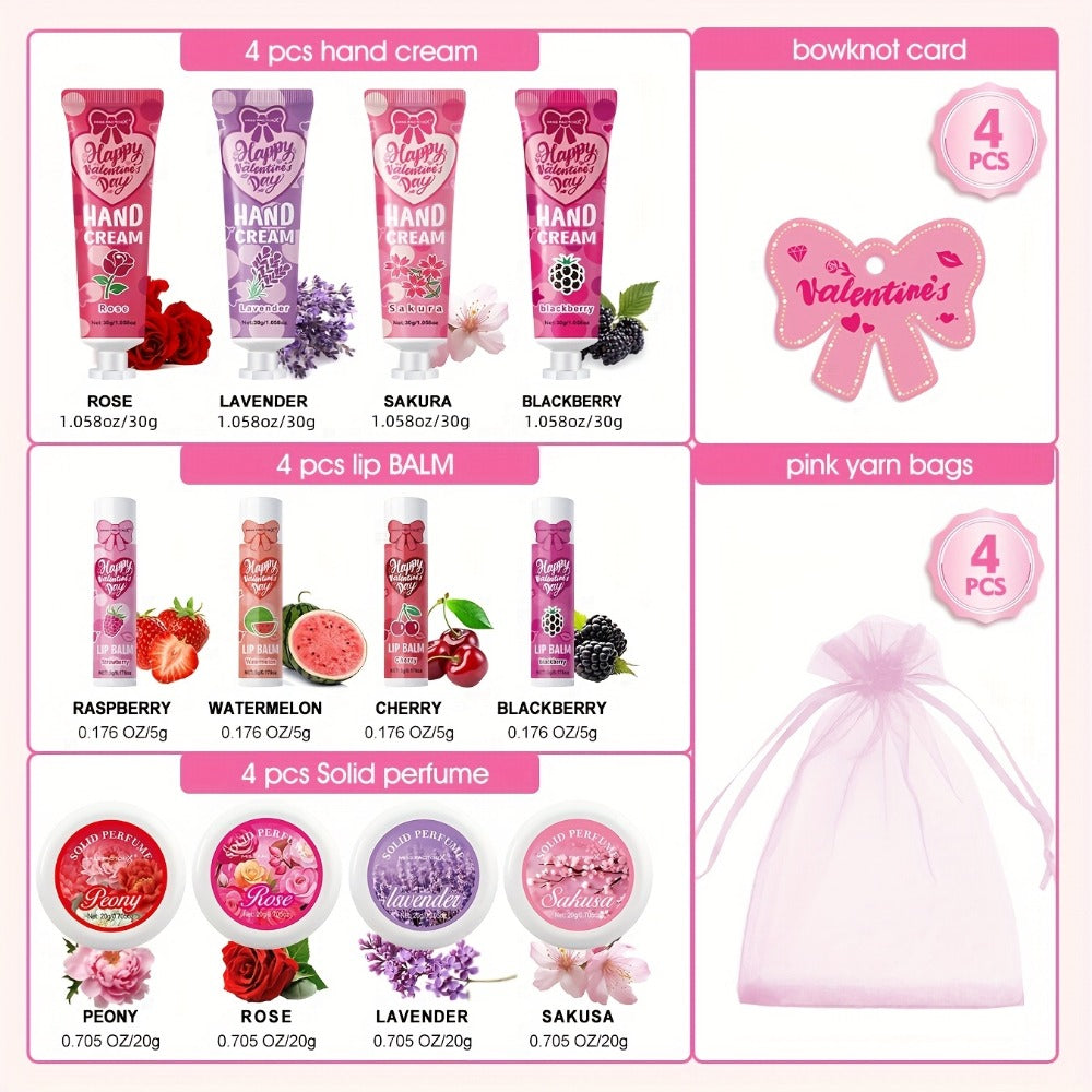 20pcs Beauty Gift Set Lip Balm Hand Cream Solid Perfume Pink Gift Bag Glossy Finish All Skin for Makeup, Travel and Everyday Vanity Use