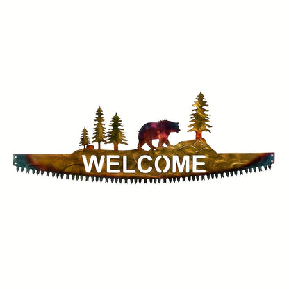 Wildlife Saw-Blade Metal Wall Art with Deer, Bear Welcome or Antler-Locking Deer Silhouette Options
