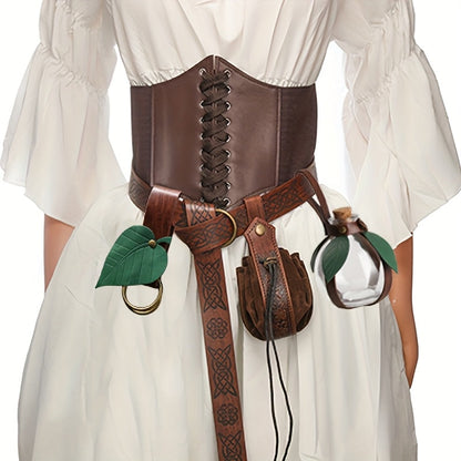 Renaissance Corset Set 5-Piece Ladies – Medieval Belt Pouch Potion Bottle Waist Protector, Women Halloween LARP Cosplay Renaissance Fair