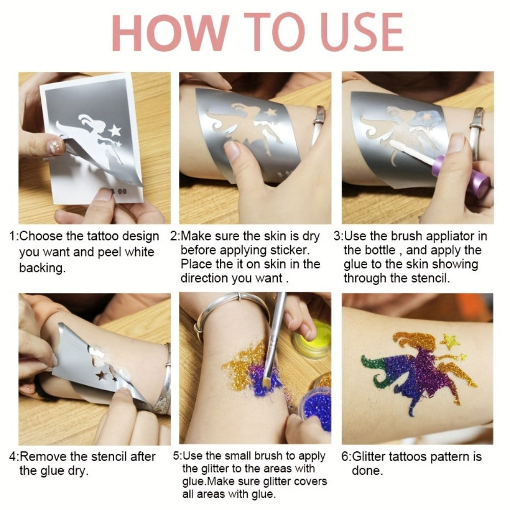 Glitter Tattoo Kit for Kids & Adults, 14 Stencil Sheets 6 Metallic Colors Skin-Safe Body Glue 2 Brushes