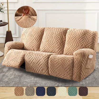 Sofa Cover Three-Seat Jacquard Knit Slipcover with Side Pocket, Elastane Stretch and Seven Solid Colors