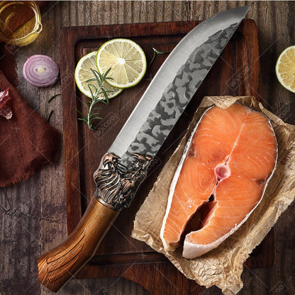 Kitchen Knife Set 8-Piece 5Cr15MoV Stainless Steel with Hammered Blades, Wood-Style Handles and Shears Options