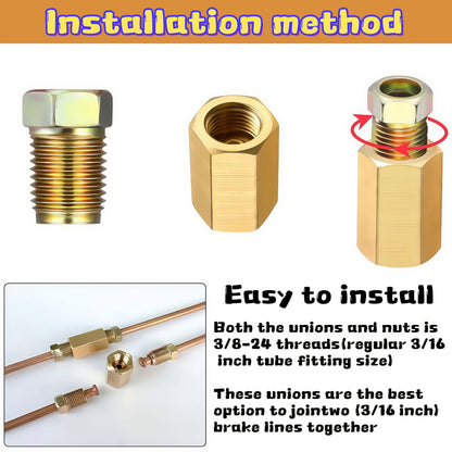 Brake Line Fittings Assortment Kit – 3/16", 1/4", 5/16" & 3/8" Tube Sizes, Inverted Flare Union Connectors, Multiple Thread Sizes