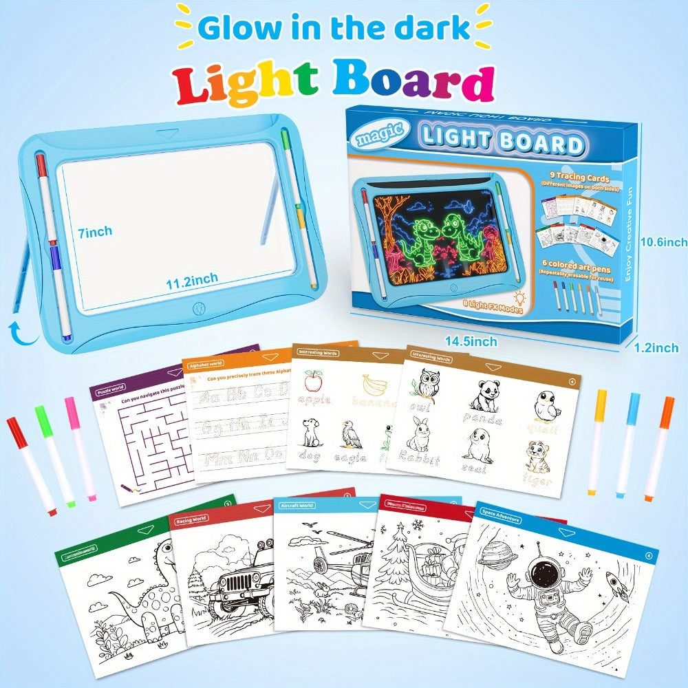 LED Light Up Drawing Board for Kids, 9 Double-Sided Tracing Cards 6 Markers Glow Doodle Travel Art Toy for Girls Boys Ages 3-8