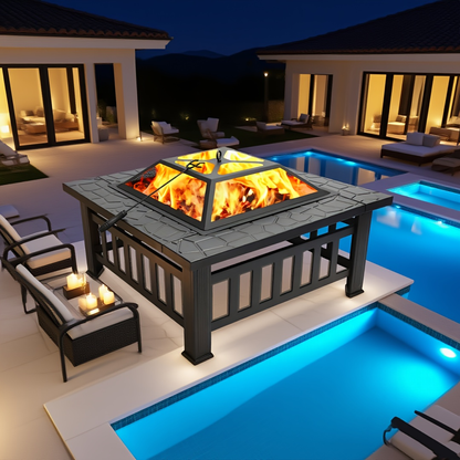Black Square Fire Pit Table with Raised Mesh Cover, Perforated Side Panels and Wood-Burning Bowl
