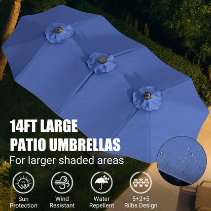 Patio Umbrella 15x7.5FT Double-Sided Style with Crank and Four Blue, Red, Khaki or Lake-Blue Options