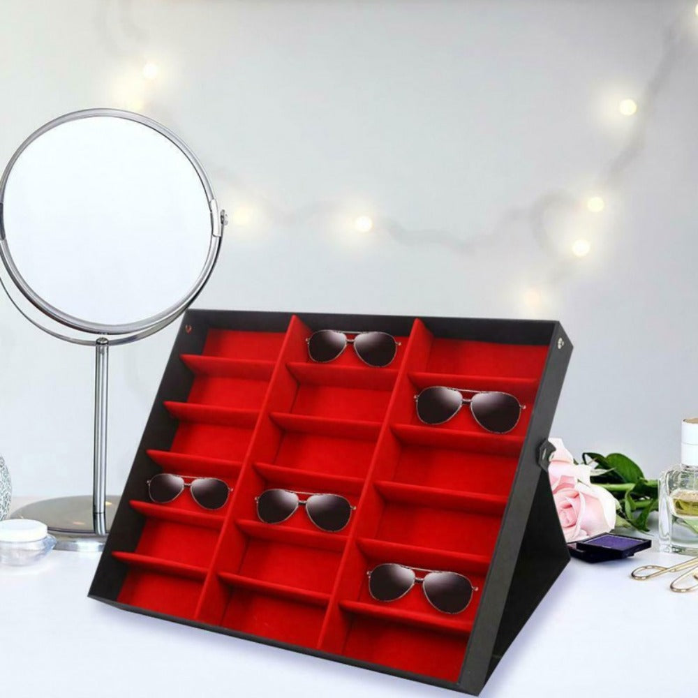 Eyeglass Organizer Box 18 Grid – Velvet Sunglasses Display Case with Foldable Cover, Scratch-Proof Storage for Glasses & Jewelry