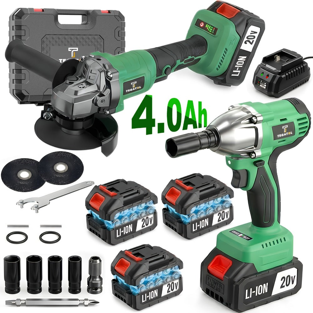 20V Brushless Power Tool Combo Kit, 4-Tool Cordless Set with Impact Wrench, Hammer Drill, Angle Grinder & Electric Drill