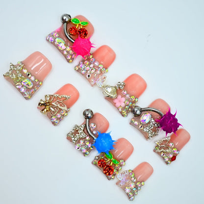 Press On Nails Handmade Y2K Duckbill Set with 3D Eye Barbell Star Rhinestone Charms and S M L Sizes
