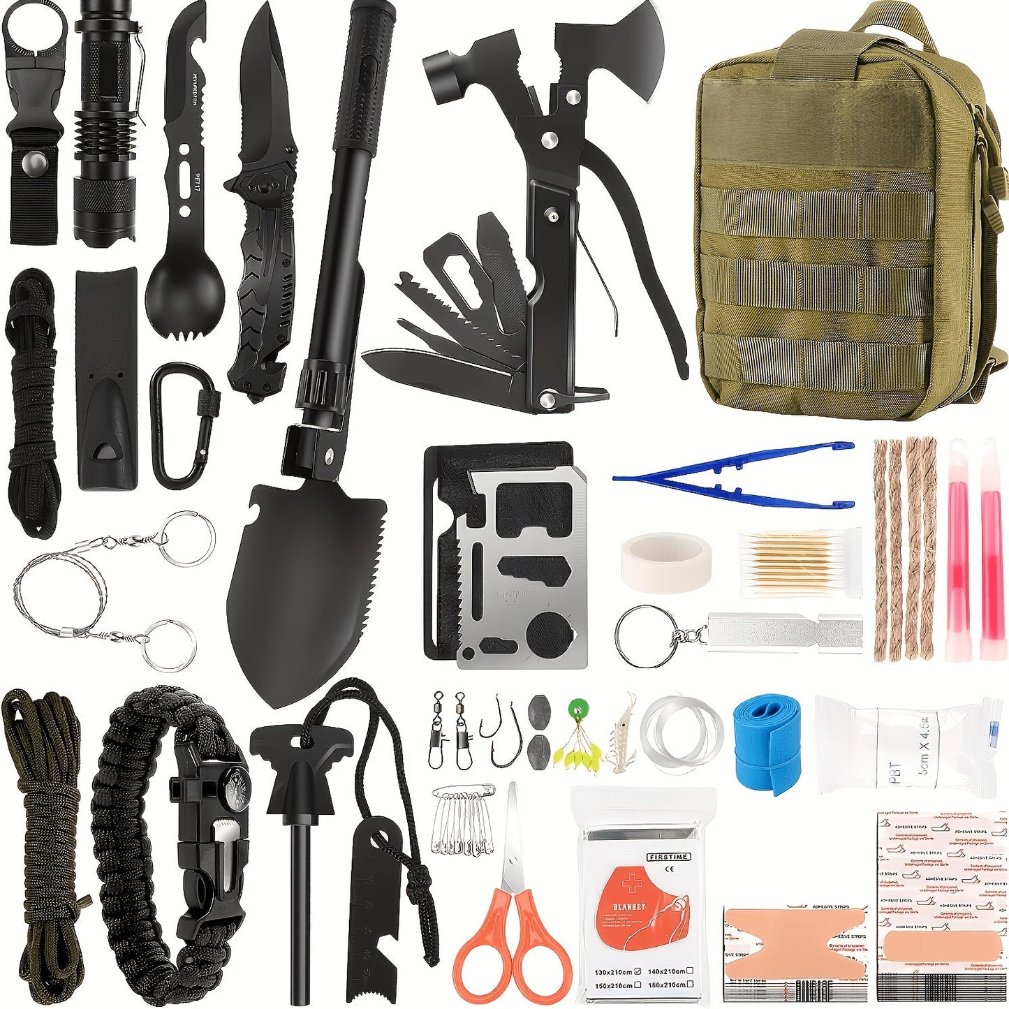142-Piece Emergency Survival Kit with MOLLE System – Outdoor Gear Set with Axe, Folding Shovel, Knife & Lantern for Camping, Hiking