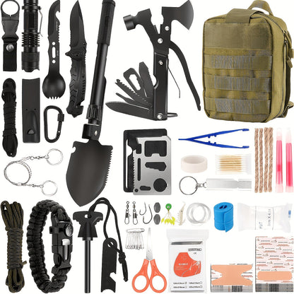 142-Piece Emergency Survival Kit with MOLLE System – Outdoor Gear Set with Axe, Folding Shovel, Knife & Lantern for Camping, Hiking