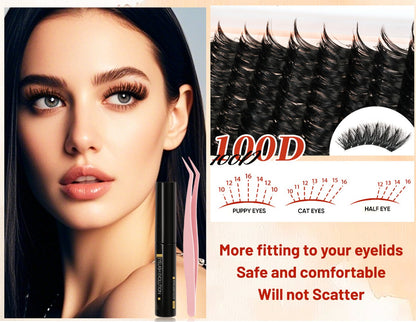 100D Volume Cluster Lashes DIY Individual Lash Extension Kit – Soft Reusable Single Clusters for Full Thick Dramatic Lash Look