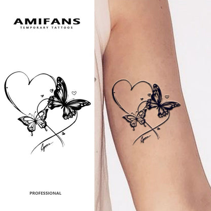 Semi Permanent Tattoo Butterfly with Hearts Navy Blue 3 Sheets, Realistic Juice Tattoo Lasts 1-2 Weeks for Adults