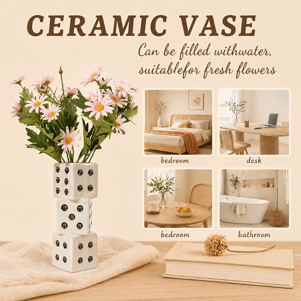 Ceramic Dice Vase for Dried Flowers Pampas Grass Rose Modern Square Flower Vase Unique Home Decor Gift Handmade Decorative Vase for Living
