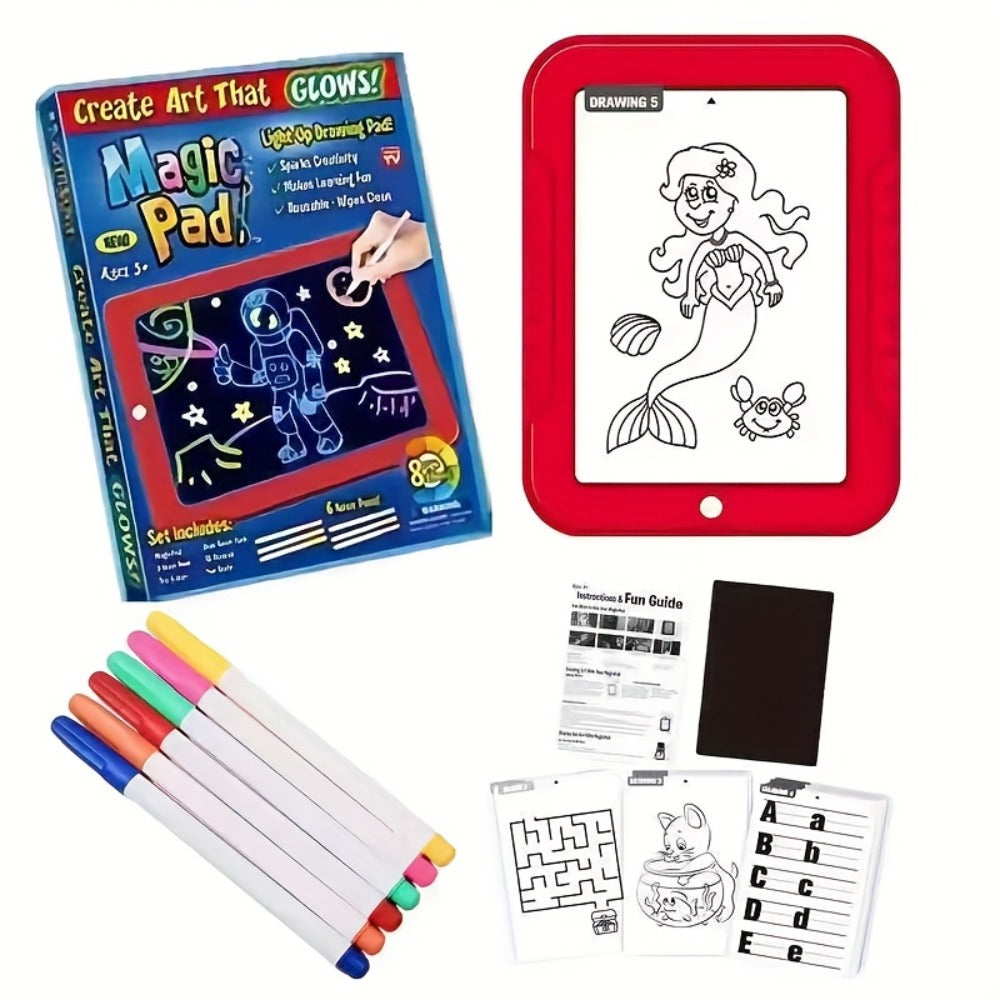 Magic LED Drawing Board for Kids with 15 Double-Sided Tracing Cards & 6 Markers, Light Up Luminous Art Board for Boys & Girls Ages 3-8