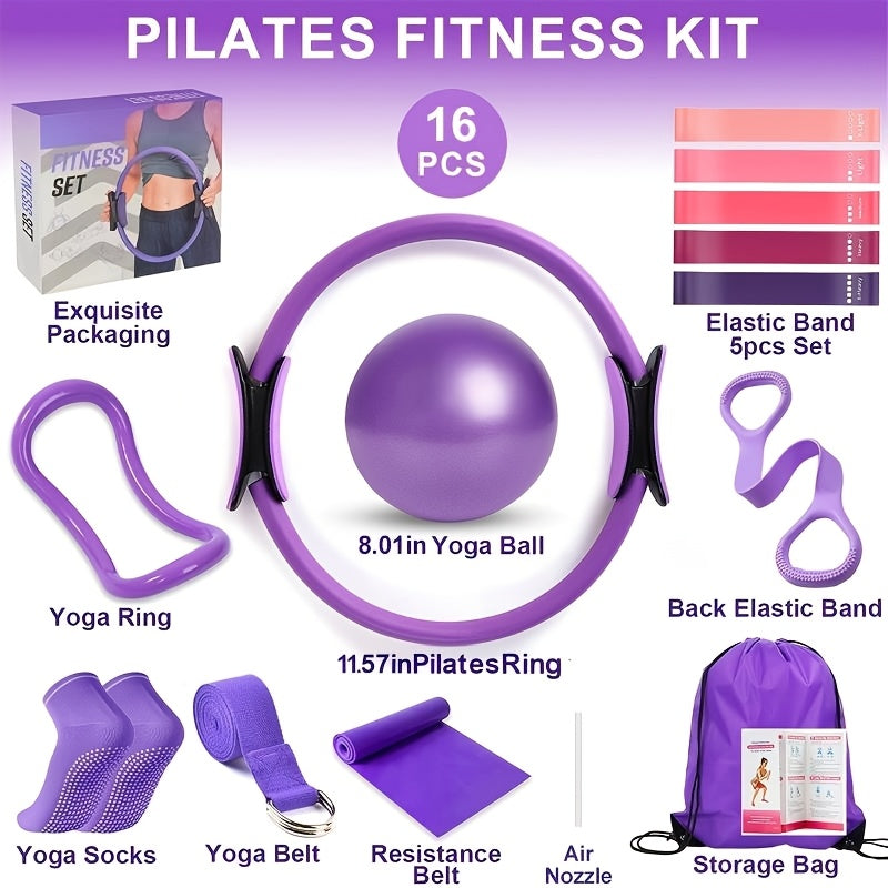 Pink or Purple 16-Piece Pilates Fitness Kit with Ring, Ball, Five Bands, Socks, Straps and Storage Bag