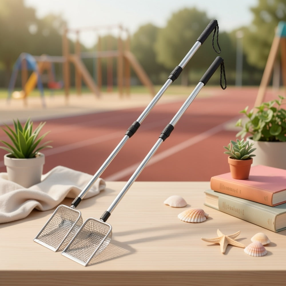 Beach Sand Sifter Scoop Telescopic Handle – Stainless Steel Retractable 3-Section Scoop for Treasure Hunting Shell Collecting Beach Combing