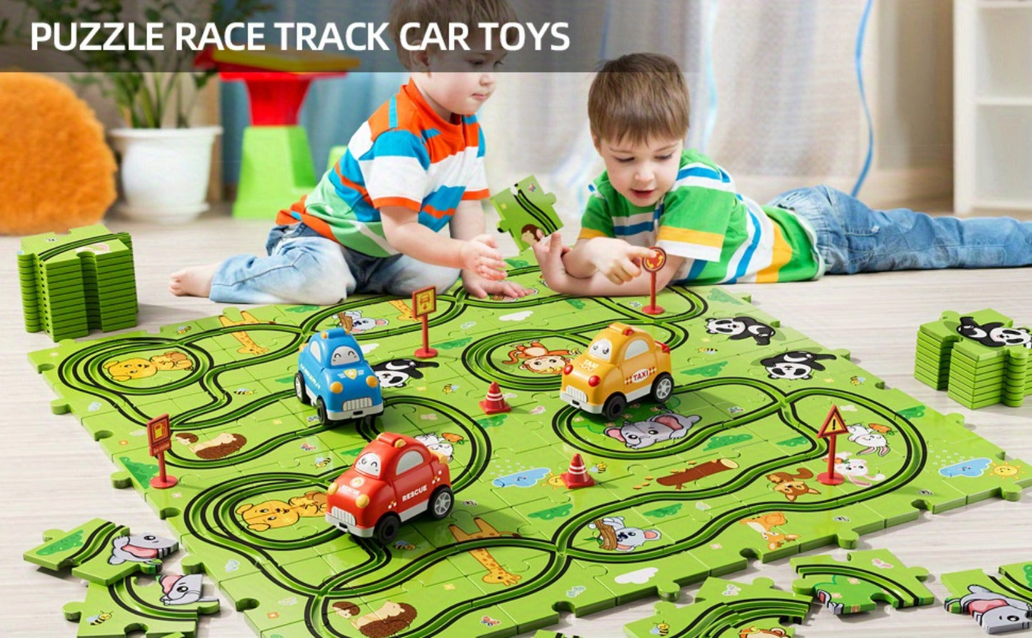 Jigsaw Puzzle Race Track Car Set Toy for Boys Kids, 39 56 73 PCS Flexible Building Track with Toy Cars