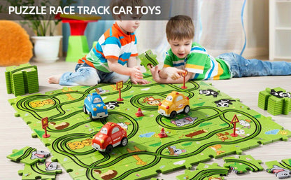 Jigsaw Puzzle Race Track Car Set Toy for Boys Kids, 39 56 73 PCS Flexible Building Track with Toy Cars