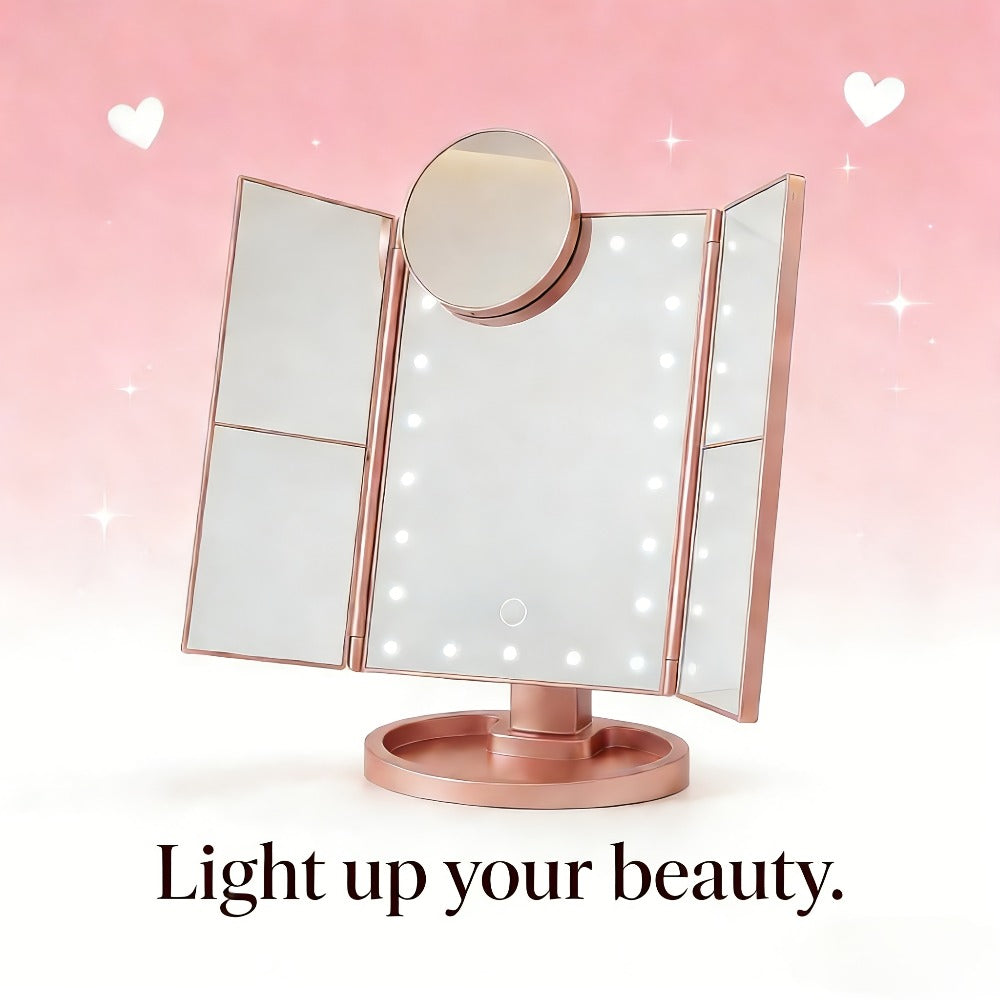 Vanity Mirror with Lights Tri-Fold 21 LED Lighted Makeup Mirror Touch Control 1X 2X 3X 10X Magnification 360 Rotation Dual Power Tabletop