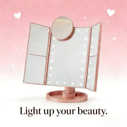 Vanity Mirror with Lights Tri-Fold 21 LED Lighted Makeup Mirror Touch Control 1X 2X 3X 10X Magnification 360 Rotation Dual Power Tabletop