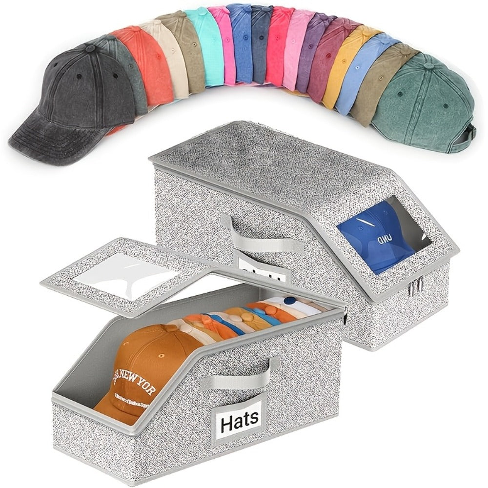 Baseball Cap Storage Box 2 Pack – Foldable Stackable Zippered Hat Organizer, Large Capacity Dustproof Closet Storage for Caps