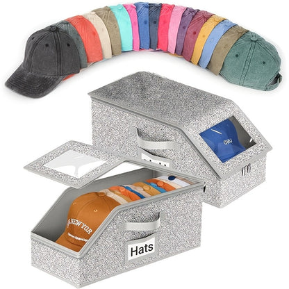 Baseball Cap Storage Box 2 Pack – Foldable Stackable Zippered Hat Organizer, Large Capacity Dustproof Closet Storage for Caps