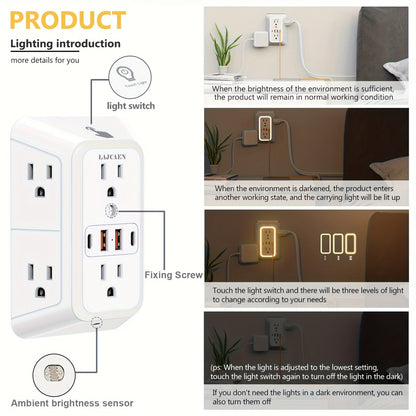 3-Sided Wall Outlet Extender 10-in-1 with 6 AC Outlets & 4 USB Ports (2 USB-A & 2 USB-C) for an Everyday Personal Care Routine