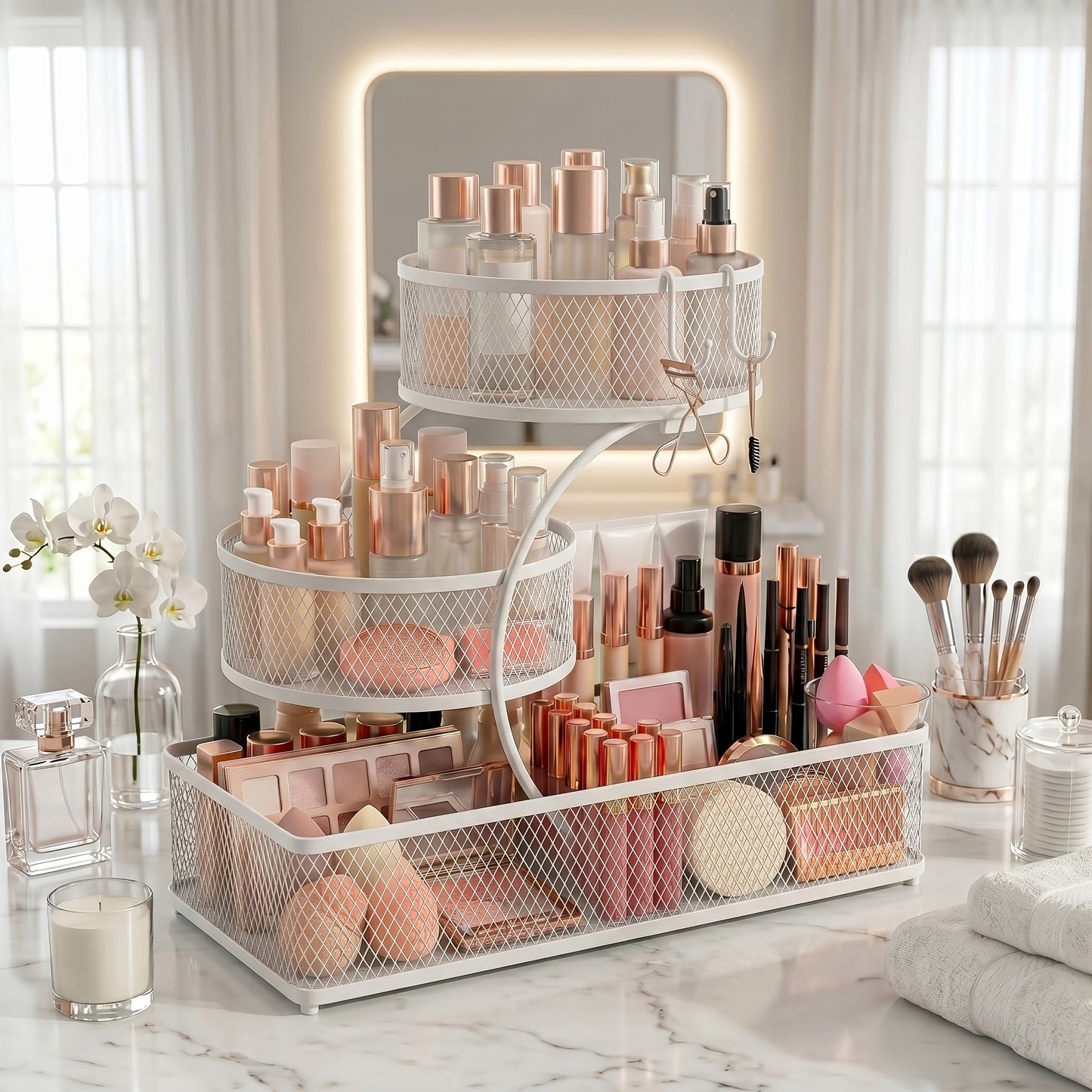 Three-Tier Metal Mesh Countertop Organizer with Black or White Finish and Optional Hooks or Spray Bottles