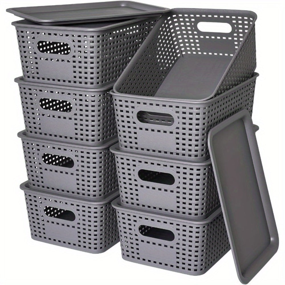 Shelf Storage Organizer Bins with Lids 4 or 8 Pack, Stackable 10 x 7 x 4 Inch Boxes in Four Colors