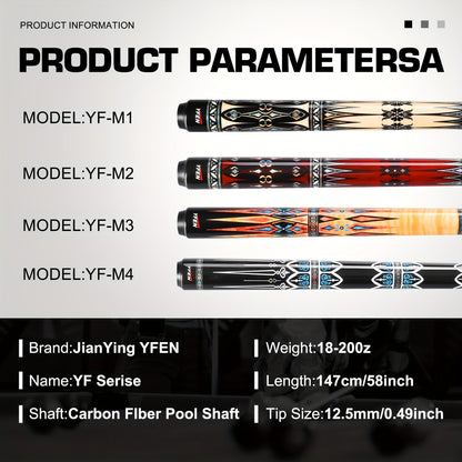 Carbon Fiber Pool Cue Stick Low Deflection Billiard Cue with 11.8mm 12.5mm Tip Pro-Taper Shaft Canadian Maple Butt Extension Compatible