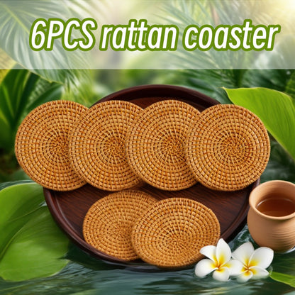 Rattan Woven Coasters Set of 6 Handcrafted Heat-Resistant Non-Slip Drink Mats Boho Table Decor for Kitchen Dining Room Coffee Table Tabletop
