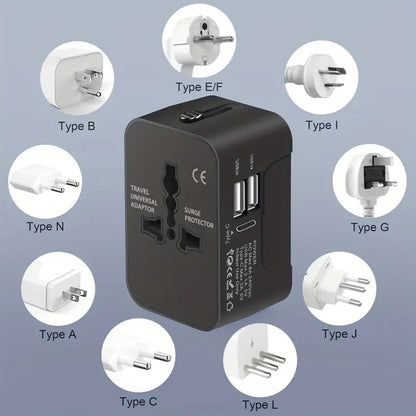 Universal Travel Adapter with Surge Protection - 2 USB & Type-C Ports, All-in-One International Plug for 350+ Countries