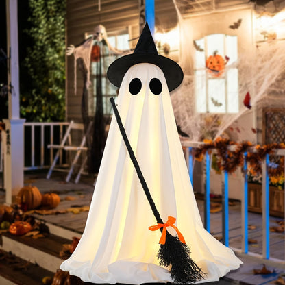 Halloween Ghost with Broom Outdoor Decoration, Eerie Spooky Ghost Ornament for Porch, Yard, Garden & Lawn