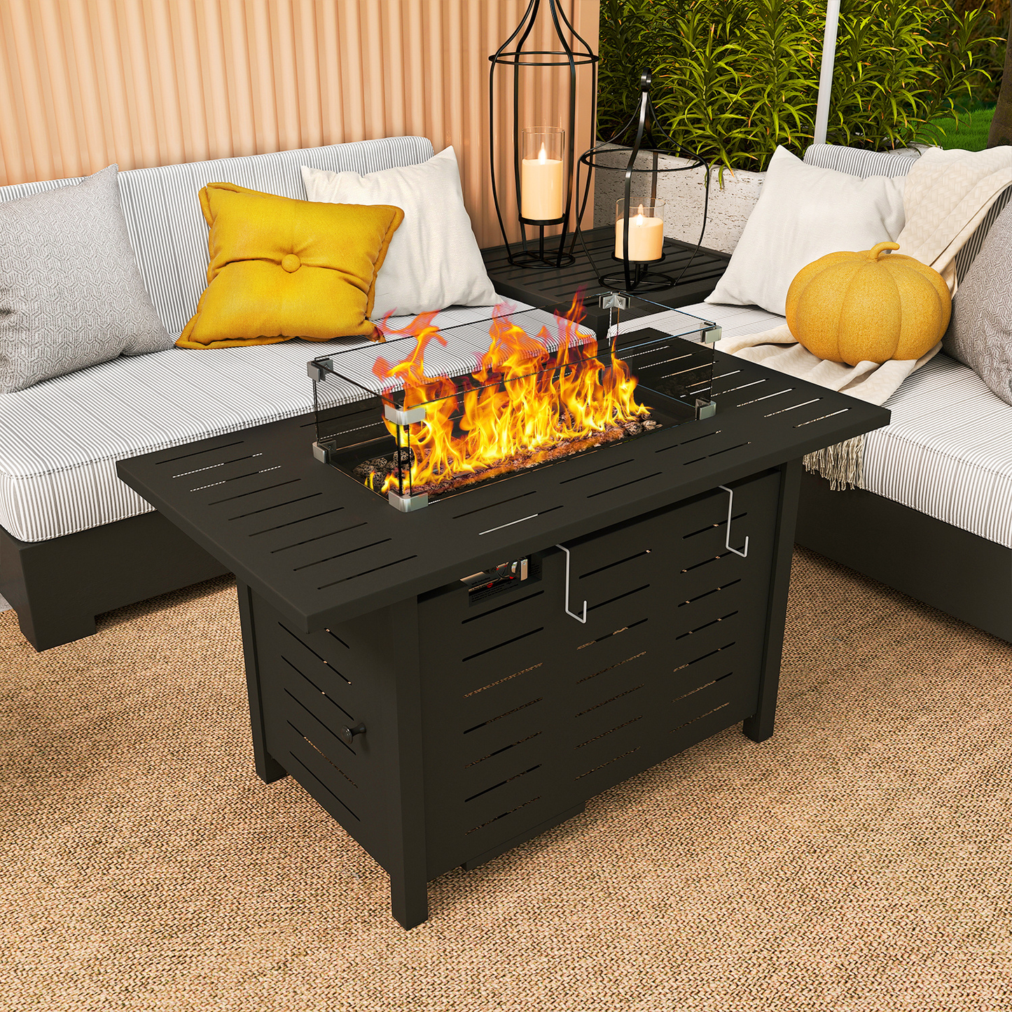 Propane Fire Pit Table Outdoor 50, 000 BTU Gas Fire Table with Lid Lava Rocks & Cover for Patio Backyard Deck Black Brown 40"/44"
