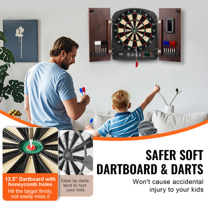 Electronic Dartboard Cabinet Set with LED Scoring – 13.5" Soft Tip, 40 Games 590 Variations, Retro Wood Cabinet, 1-8 Players