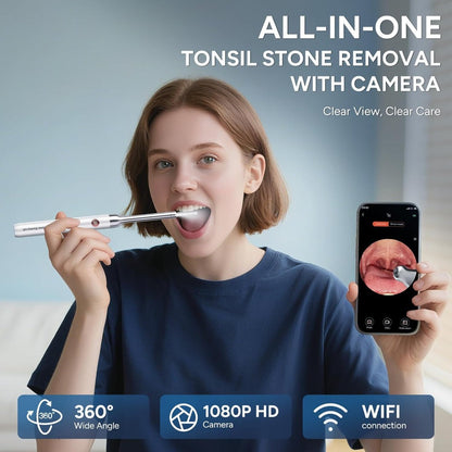 Visual Tonsil Stone Remover with 1080P HD Camera – 6 LED Lights, 5 Stainless Steel Heads, Bad Breath Prevention, iOS & Android Compatible