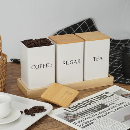 Three Rectangular Metal Canisters for Coffee, Tea and Sugar with Wood-Tone Lids in Black or White