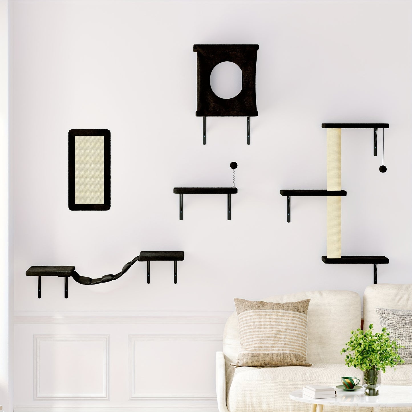 Cat Wall Shelves 5-Piece Set – Wall-Mounted Cat Furniture with Floating Perch, Cat Climber, Bridge & Cat Bed