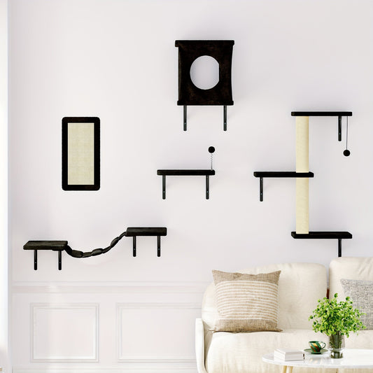 Five-Piece Wall-Mounted Cat Furniture Set with Open Perches, Suspended Bridge and Enclosed Cube