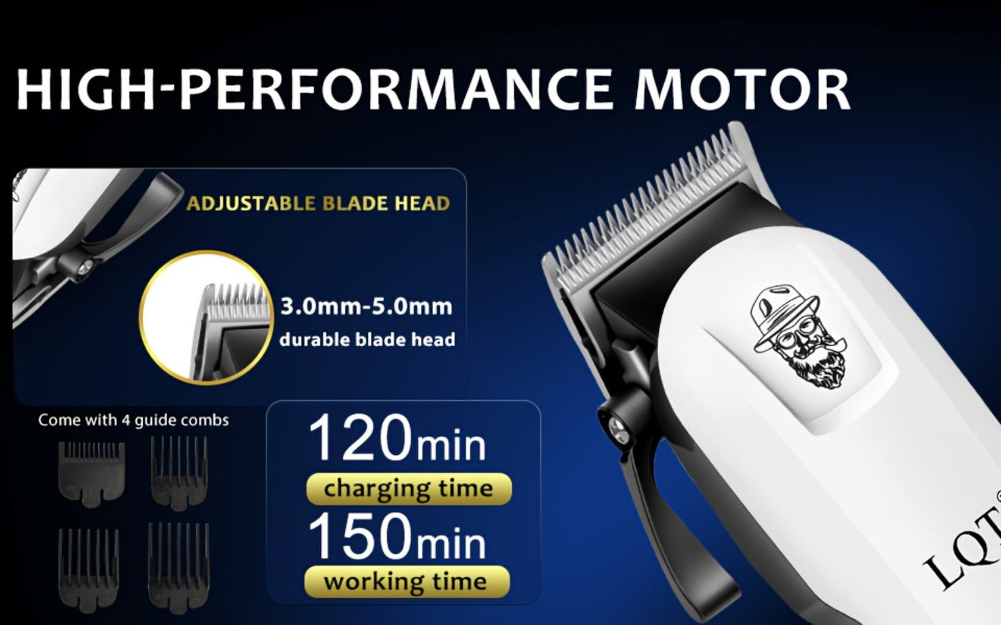 LQT White Hair Clipper Set with Digital Displays, USB Charging and Choice of 2-, 3- or 4-Piece Kits