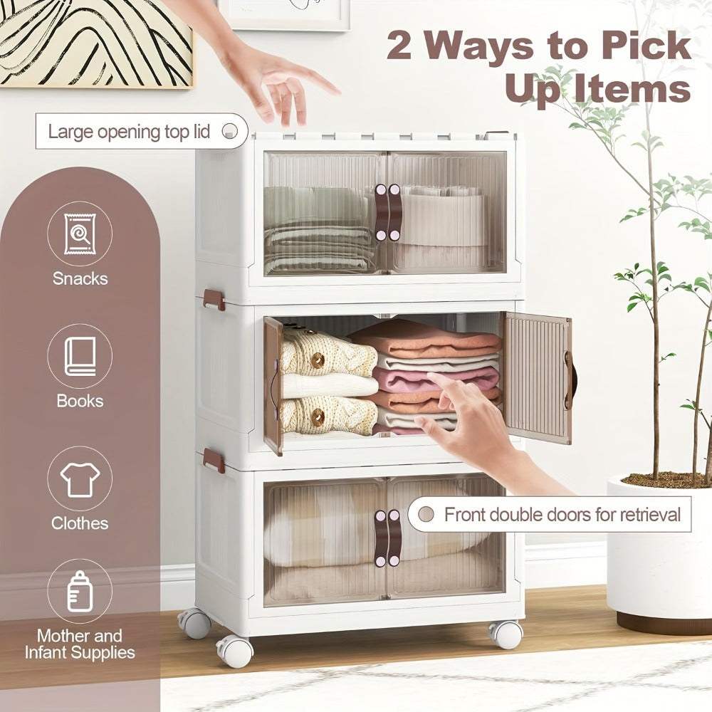 Front-Door Stackable Storage Bin Cabinets with Wheels in One-, Two- or Three-Pack Options for Home Use