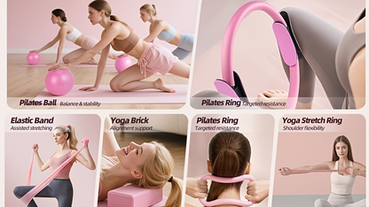 Pink 14-Piece Pilates Ring Set with Two Balls, Five Resistance Bands, Foam Block and Drawstring Bag