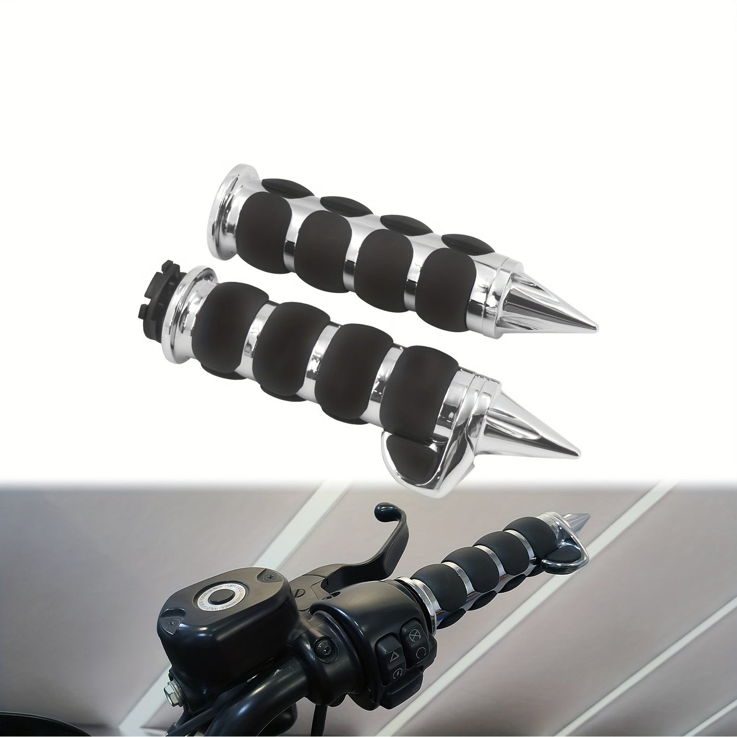 Harley Davidson Handlebar Grips 1-Inch Chrome Rubber Spike Non-Slip, CNC Aluminum & PVC Gel Rubber, Fits Sportster Dyna Touring VRSC XL XR