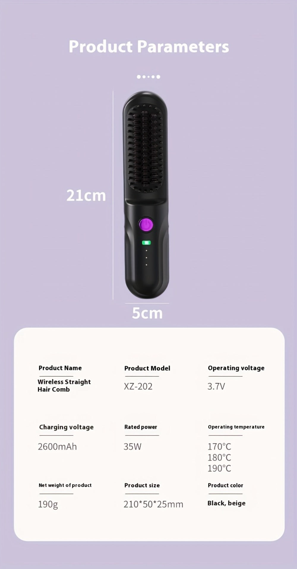 Wireless Hair Straightener Comb - Portable Cordless Straightening Brush with 3-Min Fast Heat, 3 Temp Settings 170-190°C