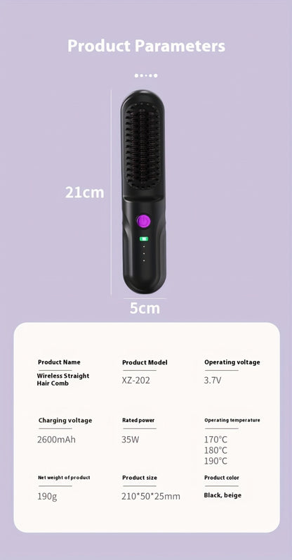 Wireless Hair Straightener Comb - Portable Cordless Straightening Brush with 3-Min Fast Heat, 3 Temp Settings 170-190°C