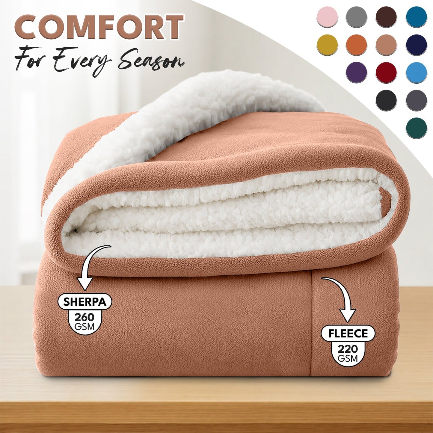 Sherpa Flannel Blanket, Double-Layer Ultra Throw for Bed, Sofa & Bedroom Decor, Better Sleep, 14 Colors